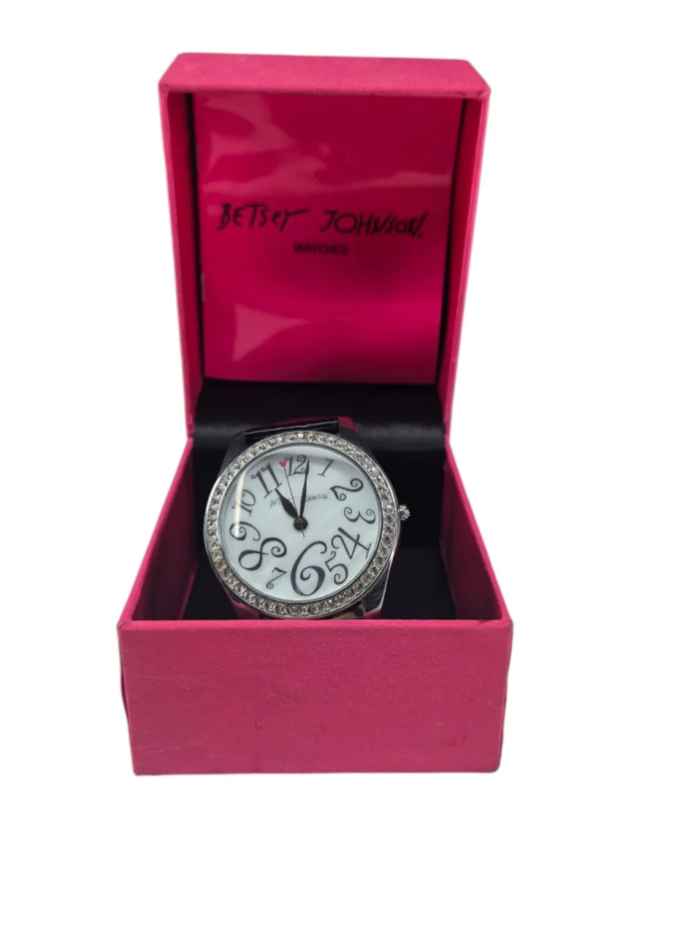 Betsey Johnson Watch Black Leather Strap Silvertone Rhinestone Bezel Classic